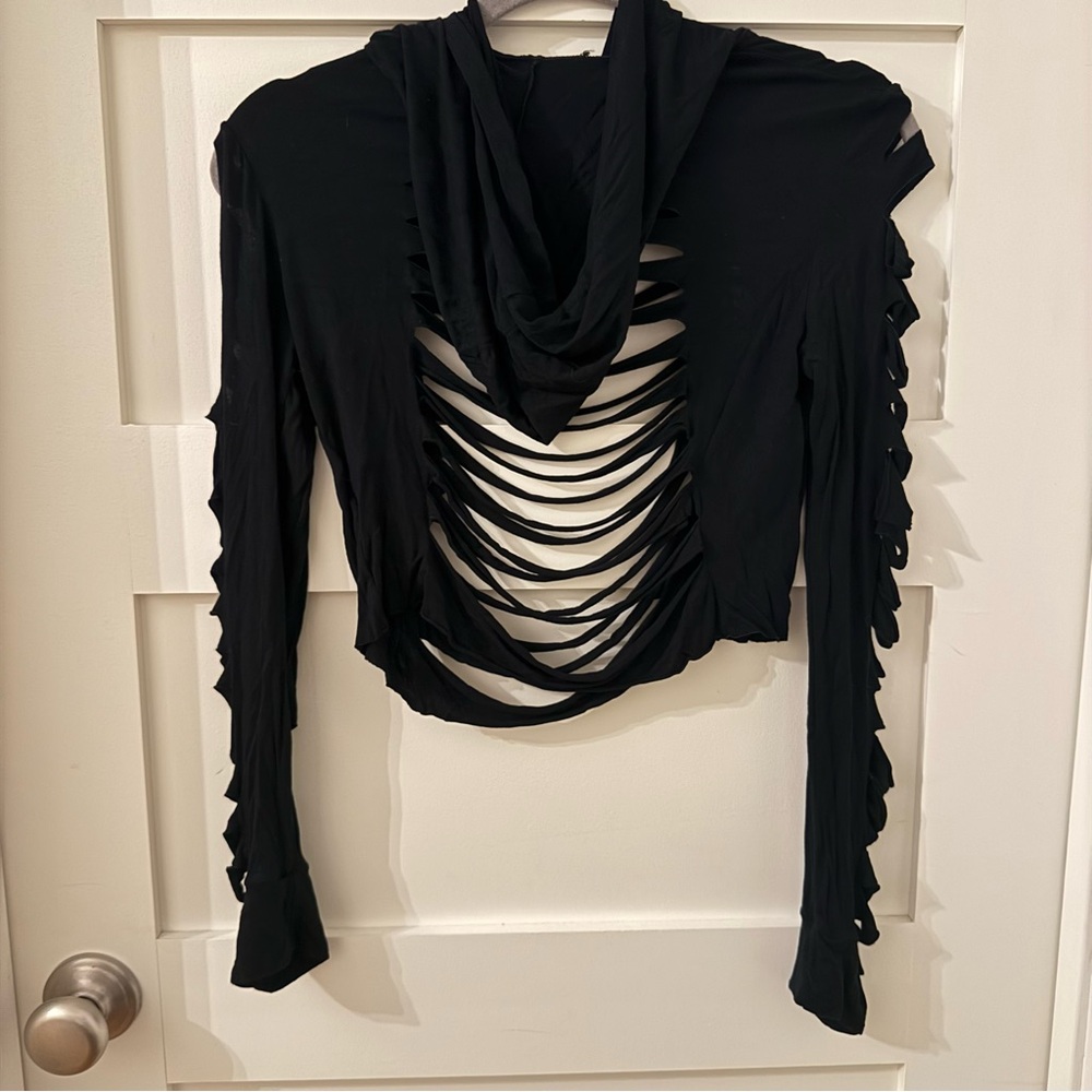 Black Cutout Long Sleeve Hooded Top Costume - Halloween!